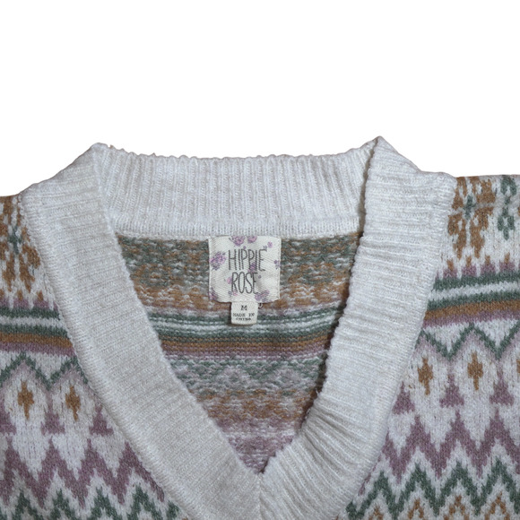 Hippie Rose Womens Medium Sweater Vest Cream Fair Isle V-Neck Sleeveless Cropped - Picture 5 of 11